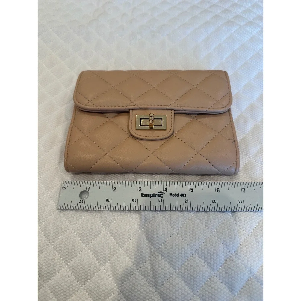 Beige Quilted Vegan Faux  Wallet Turn Lock Convertible Clutch Nude